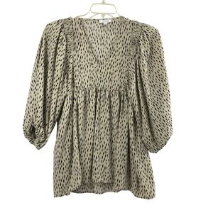 Mittoshop Babydoll Blouse Womens M Boho Tan Black Print V-Neck Balloon Sleeve
